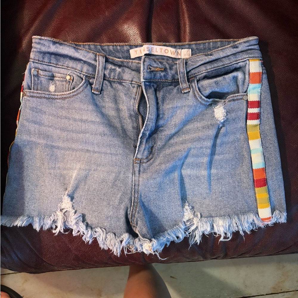Tinseltown Frayed Denim Shorts with Vibrant Stripe